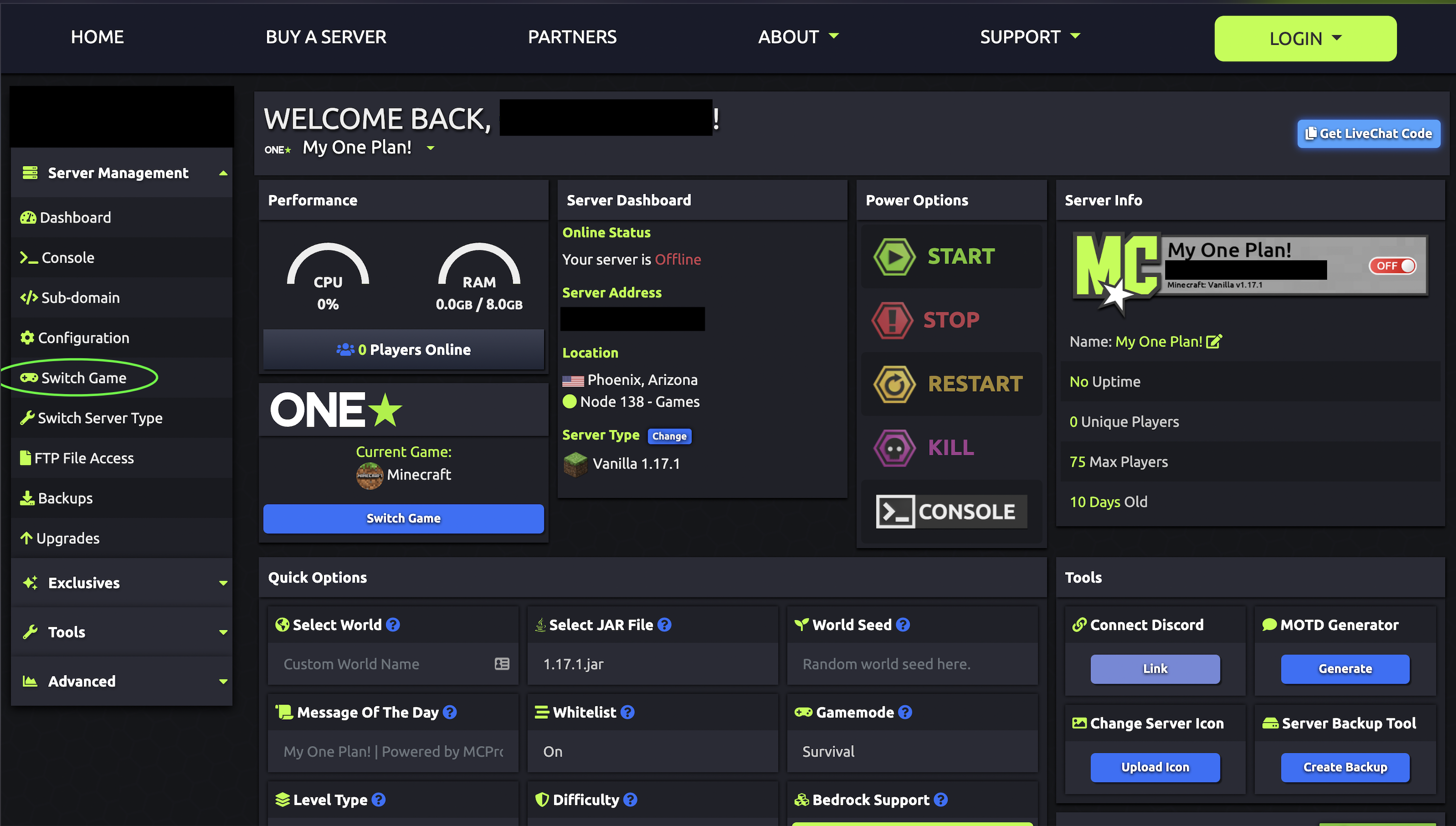 Picture of a OneControlCenter dashboard with One Plan related features. The "Switch Game" sidebar option is circled.