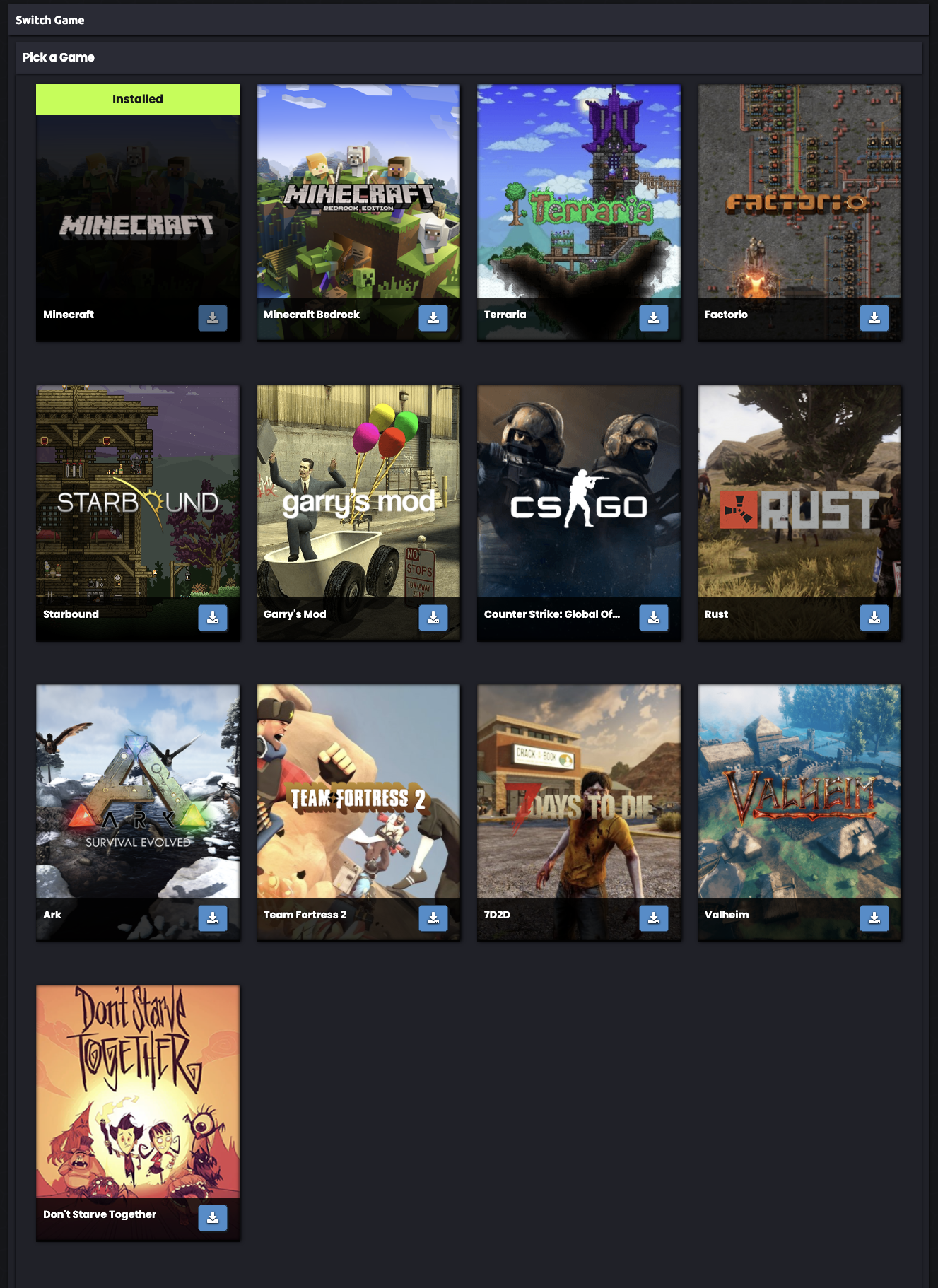 A grid of all games MCProHosting currently offers.